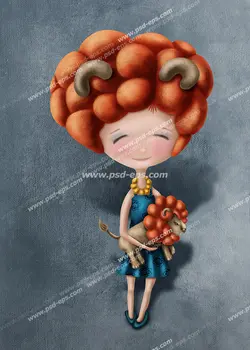 نقاشی با کیفیت نماد متولدین مرداد ماه از دختری با موهای نارنجی و عروسک شیر در دست