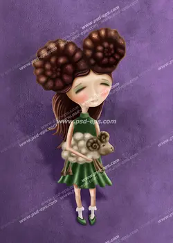 نقاشی فانتزی با کیفیت دختر بچه با پیراهن سبز و موهای قهوه ای و عروسک بز در بغل نماد متولدین فروردین ماه