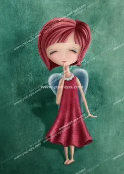 نقاشی فانتزی با کیفیت سمبل و نماد متولدین ماه شهریور دختر کوچک با بال های آبی و موها و لباس قرمز یا فرشته کوچک بال دار
