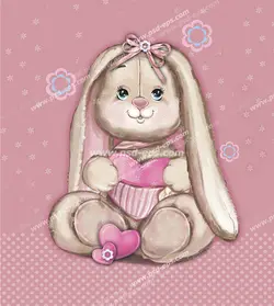 نقاشی فانتزی با کیفیت خرگوش کرمی رنگ با قلب های صورتی در دست و روبان صورتی