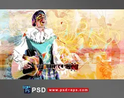 نقاشی فانتزی طرح لایه باز مردی با لباسی خاص و سنتی در حال نواختن گیتار