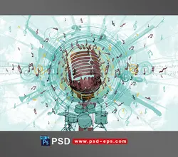 نقاشی طرح لایه باز میکروفون به همراه درام مناسب موسیقی های پاپ ، جاز و راک