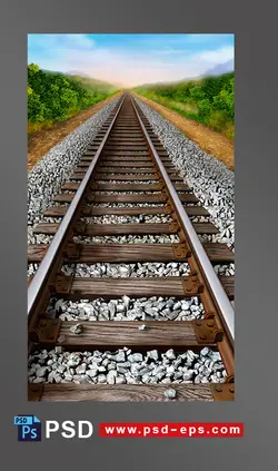 نقاشی طرح لایه باز ریل چوبی قطار در میان جنگلی سرسبز با آسمانی آبی