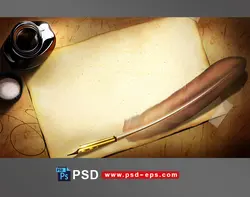 قاب و فریم طرح لایه باز برگه ای کاهی رنگ به همراه قلم پر و جوهر مناسب متون ادبی ، عاشقانه و اشعار