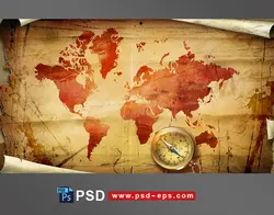 طرح یا نقاشی لایه باز نقشه چرمی قدیمی جهان و قاره ها و قطب نما بر روی آن