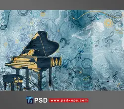 طرح و نقاشی لایه باز پس زمینه یا بک گراند برای شعر و موسیقی با تصویر پیانو و نمادهای موسیقی