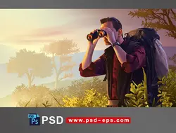طرح لایه باز توریست یا گردشگر محیط زیست با کوله پشتی در میان درختان جنگل و در حال نگاه با دوربین شکاری