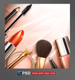 نقاشی طرح لایه باز لوازم آرایشی چیده شده در کنار هم مانند رژلب ، چتکه ، مداد ، سایه و غیره