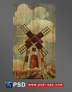 نقاشی یا طرح لایه باز آسیاب بادی قدیمی با آسمان نیمه ابری