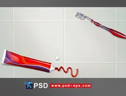 نقاشی طرح لایه باز مسواک و خمیردندان قرمز رنگ بر روی کاشی یا سرامیک سفید