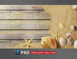 نقاشی طرح لایه باز صفحه اسکله چوبی و ماسه های ساحل به همراه صدف ، گوش ماهی و ستاره دریایی