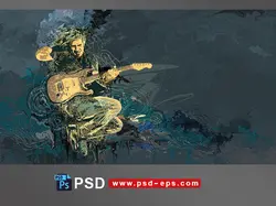 نقاشی و طرح فانتزی لایه باز نوازنده ای در حال نوازندگی با گیتار با زمینه ای به رنگ مشکی