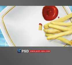 طرح لایه باز بشقاب چینی سفید به همراه سیب زمینی سرخ شده و سس قرمز مناسب فست فودی ها