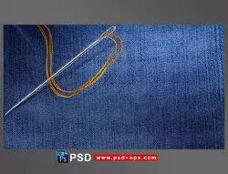 طرح لایه باز پارچه لی یا جین آبی رنگ در کنار سوزن با نخ زرد رنگ