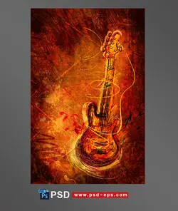 طرح و نقاشی لایه باز گیتار با رنگ های زرد و نارنجی به شکل نقاشی با مداد رنگی