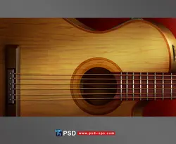 نقاشی یا طراحی لایه باز نمای نزدیک از گیتار چوبی به رنگ قهوه ای روشن و تارهای آن