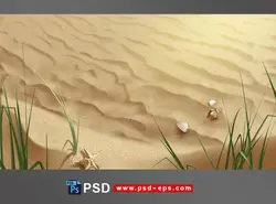 نقاشی و طرح لایه باز ساحل شنی و آفتابی با صدف هایی کوچک و ستاره دریایی به همراه گیاهان سرسبز