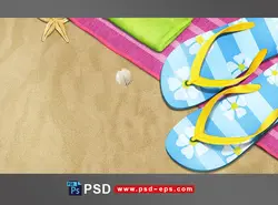 نقاشی و طرح فانتزی لایه باز ازساحل شنی با صدف و ستاره دریایی به همراه دمپایی و زیرانداز