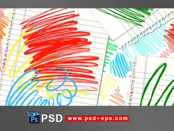 نقاشی و طرح فانتزی لایه باز برگه های دفتر خط خطی شده توسط کودک با مداد رنگی با رنگهای مختلف و شاد