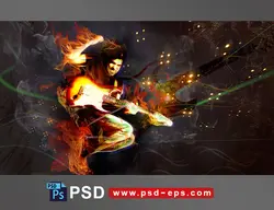 طرح یا نقاشی لایه باز نوازنده ای در حال نواختن گیتار به همراه آتشی سوزنده با زمینه مشکی و تیره