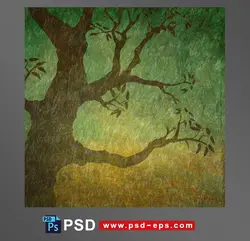 طرح یا نقاشی لایه باز طرح تک درختی با برگ های تازه در دشت