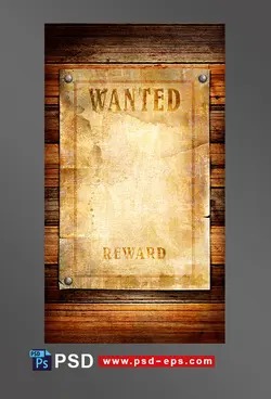 قاب یا فریم عکس فانتزی برگه پیگرد قانونی همراه با جایزه با متن wanted بر روی دیوار چوبی