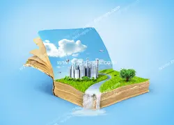 عکس با کیفیت شهری مدرن در میان دشتی سرسبز و زیبا با رود و درختان و آسمان آبی در میان برگه های کتاب