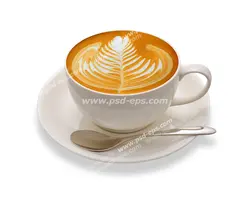 عکس با کیفیت فنجان و نعلبکی چینی سفید حاوی نسکافه یا کاپوچینو با طرح برگ به همراه قاشق