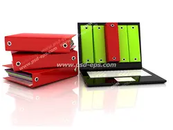 عکس با کیفیت زونکن های سبز و قرمز درون و کنار لپ تاپ با مفهوم نرم افزارهای مدیریت مکاتبات و نرم افزار حسابداری