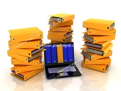 عکس با کیفیت با مفهوم نرم افزار مکاتبات اداری ، زونکن های اداری آبی و زرد رنگ درون لپ تاپ و بر روی زمینه سفید