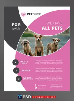 طرح آماده لایه باز پوستر یا تراکت با موضوع حیوانات خانگی نگهداری حیوانات خانگی دامپزشکی خانه و غذای حیوانات خانگی