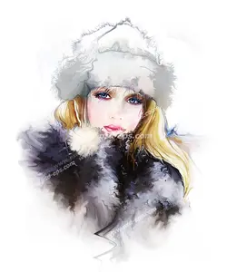 عکس با کیفیت نقاشی آبرنگی از دختری با پالتو و کلاه گرم پشمی و موهای بلوند