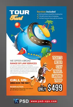 طرح آماده لایه باز پوستر یا تراکت با موضوع مسافرت گردشگری با بهترین تورهای مسافرتی تفریحی