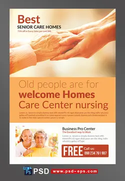 طرح آماده لایه باز پوستر یا تراکت با موضوع پرستاری از سالمندان و مراکز نگهداری از سالمندان مشاوره سالمندان و مددکاری