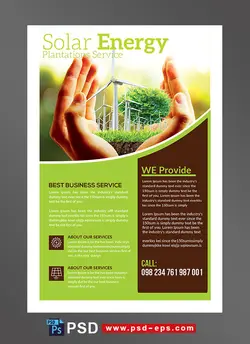 طرح آماده لایه باز پوستر یا تراکت با موضوع انرژی خورشیدی تولید الکتریسیته و برق بادبان های بادی و تولید انرژی الکتریکی به وسیله باد
