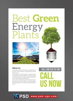 طرح آماده لایه باز پوستر یا تراکت با موضوع ایده پردازی رشد نمو پرورش گیاه انرژی خورشیدی توربین های بادی برق