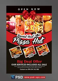 طرح آماده لایه باز پوستر یا تراکت با موضوع فست فود رستوران اغذیه پیتزا کنتاکی مرغ سوخاری و انواع غذای های لذید دیگر