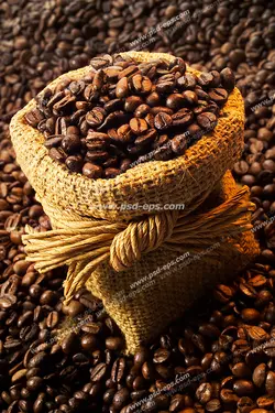 عکس با کیفیت کیسه کوچک پر از دانه های قهوه بر روی زمین پر از دانه های قهوه