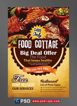 طرح آماده لایه باز پوستر یا تراکت با موضوع غذا رستوران پیتزا غذاهای لذیذ انواع کباب برگ و بختیاری کترینگ