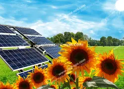 عکس با کیفیت دستگاه پنل خورشیدی در دشتی سرسبز به همراه گل های آفتابگردان