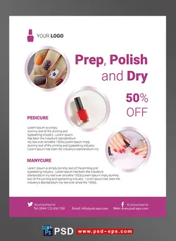 طرح آماده لایه باز پوستر یا تراکت با موضوع دیزاین ناخن مانیکور پدیکور ژل ناخن