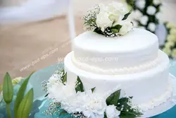 عکس با کیفیت کیک دو طبقه عروسی یا نامزدی تزئین شده با گل های سفید و نوارهای مروارید
