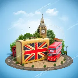 عکس با کیفیت چمدانی با پرچم انگلیس در وسط میدانی با برج ساعت بیگ بن لندن