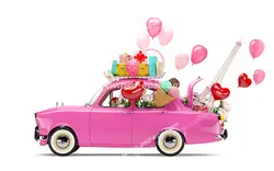 عکس با کیفیت ماشین قدیمی صورتی پر از بادکنک و برج ایفل در صندوق عقب