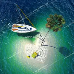 عکس با کیفیت قایق موتوری بر روی دریا و در کنار جزیره ای کوچک با درخت نارگیل