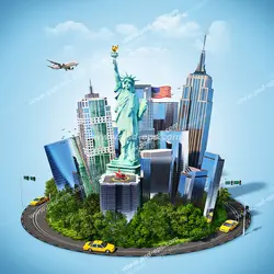 عکس با کیفیت ماکت شهری مدرن با آپارتمان ها و برج های مرتفع و درختان و مجسمه آزادی امریکا