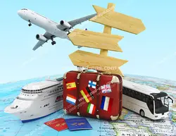 عکس با کیفیت چمدان مسافرتی در کنار ماکت های اتوبوس ، کشتی و هواپیما بر روی کره زمین