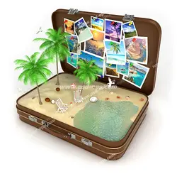 عکس با کیفیت ماکت جزیره ای با درختان نارگیل و تصاویر طبیعت درون چمدان مسافرتی