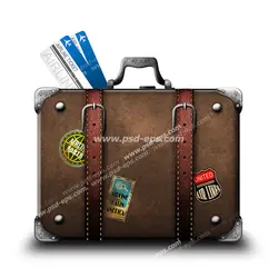 عکس با کیفیت چمدان قهوه ای قدیمی با چند تمبر چسبیده بر روی آن و دو بلیط هواپیما