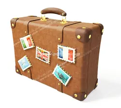 عکس با کیفیت چمدان چرمی با رنگ قهوه ای با تمبر پرچم و نماد کشورهای اروپایی